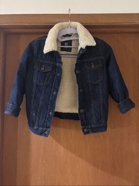 GAP Kids Dark Blue Denim Jacket with Cream Sherpa Collar